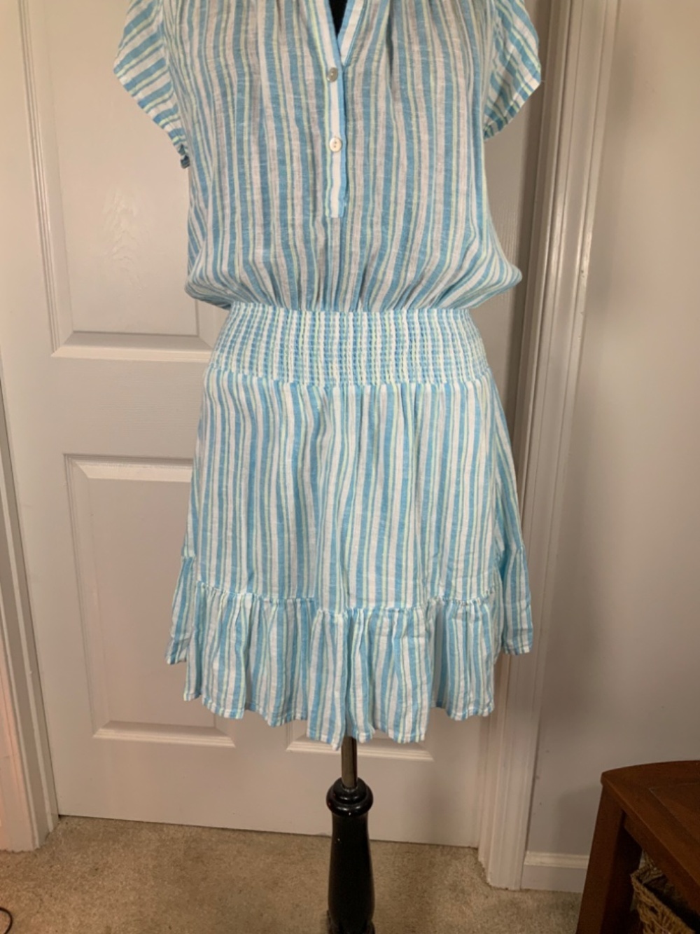 Rails Augustine Laguna Blue Stripe Linen Smocked Tiered Mini Dress Size Medium - Picture 4 of 9